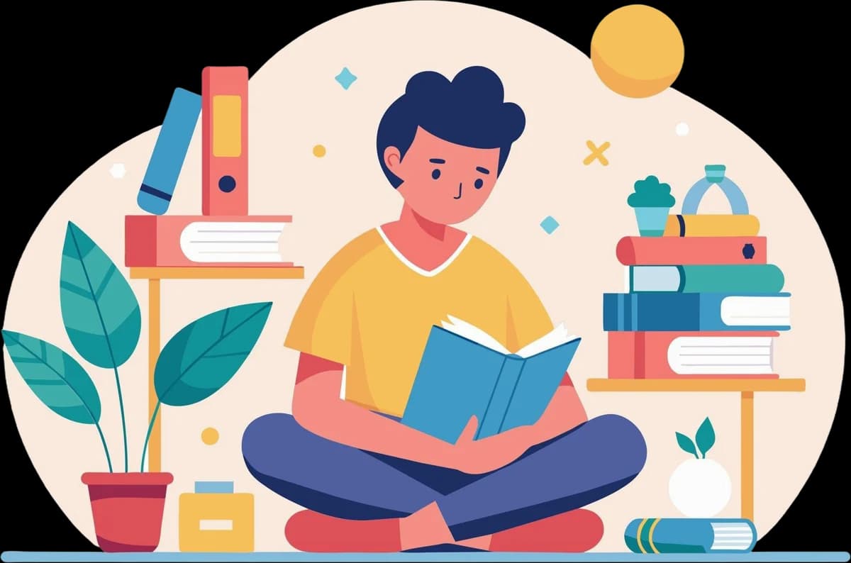 Ilustrasi orang duduk santai membaca buku dikelilingi tumpukan buku