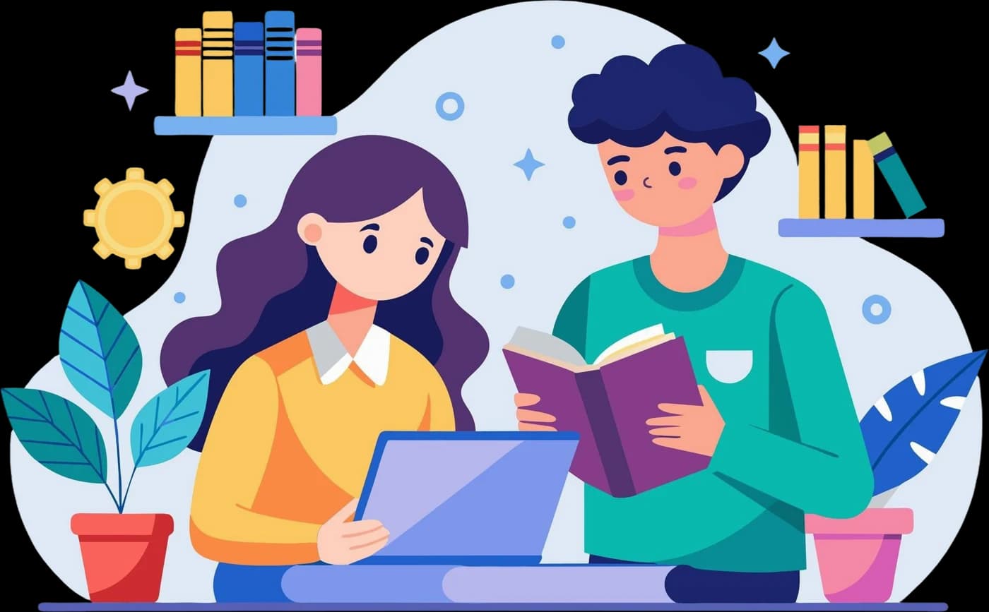 Ilustrasi dua orang belajar bersama: satu membaca panduan di laptop, satu memegang buku