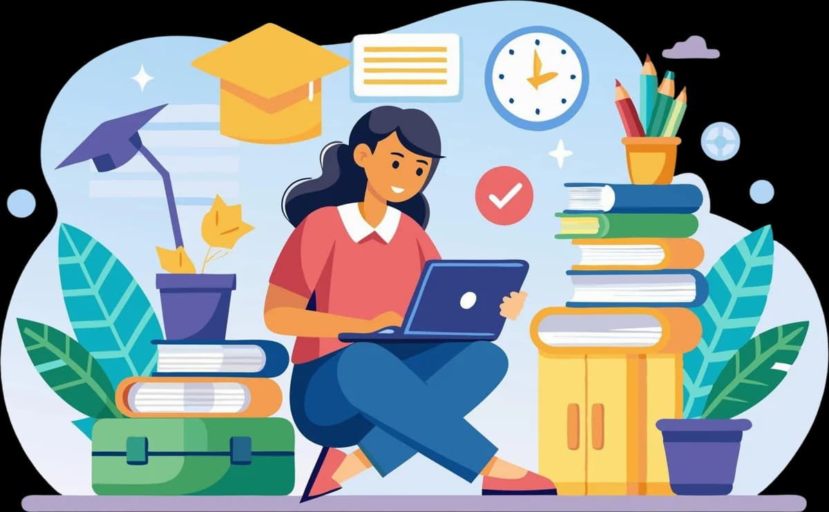 Ilustrasi perempuan belajar di laptop dikelilingi buku dan tanaman