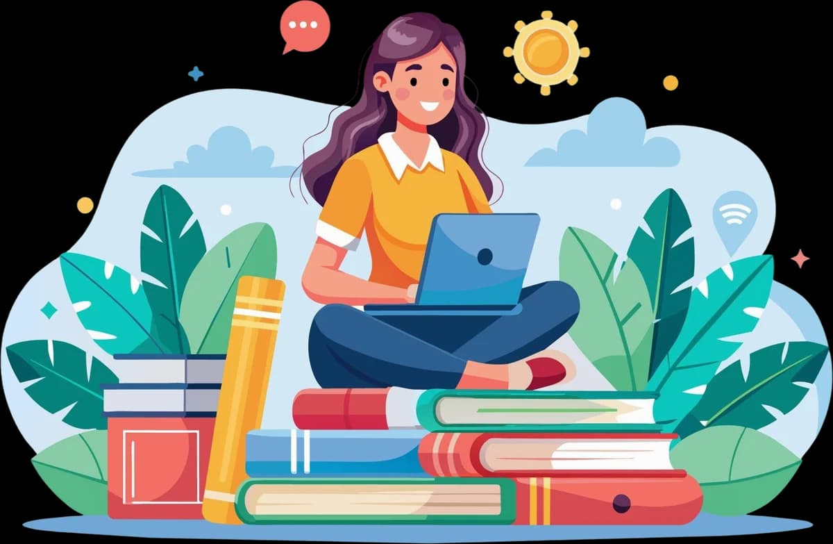 Ilustrasi perempuan tersenyum bekerja di laptop di atas tumpukan buku