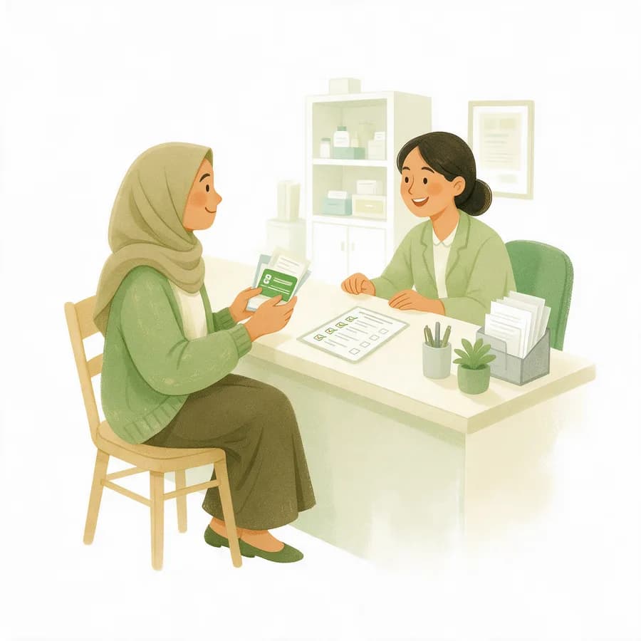 Ilustrasi seorang ibu menyerahkan berkas di loket pendaftaran rumah sakit