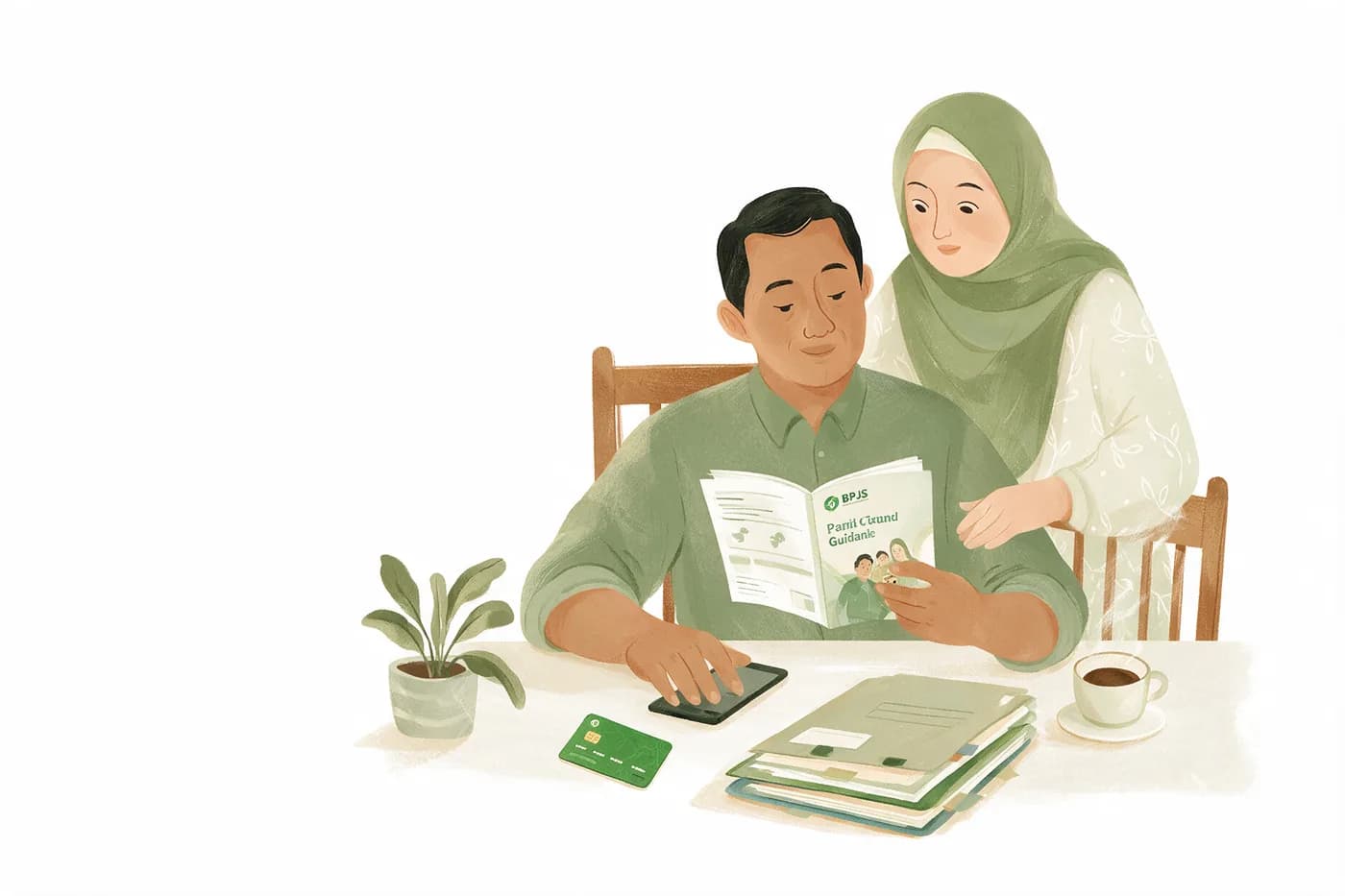 Ilustrasi seorang ayah membaca panduan BPJS di meja makan, istrinya melihat dari belakang